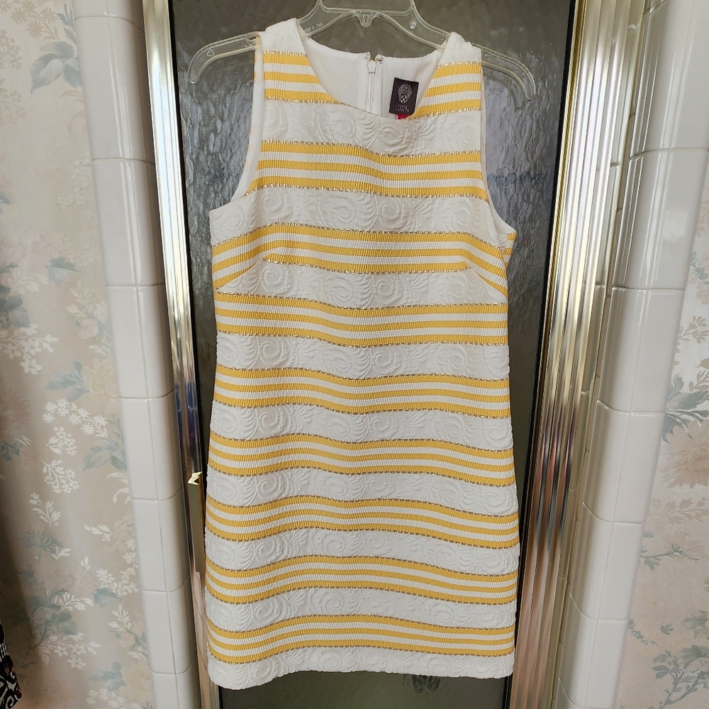 Vince Camuto metallic stripe brocade shift dress in yellow, white, and gold.
